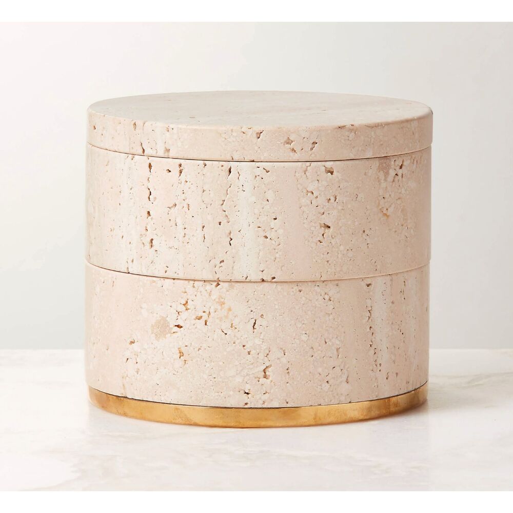 CBQ Pierce Unlacquered Brass and Travertine Two-Tier Storage Box EUC